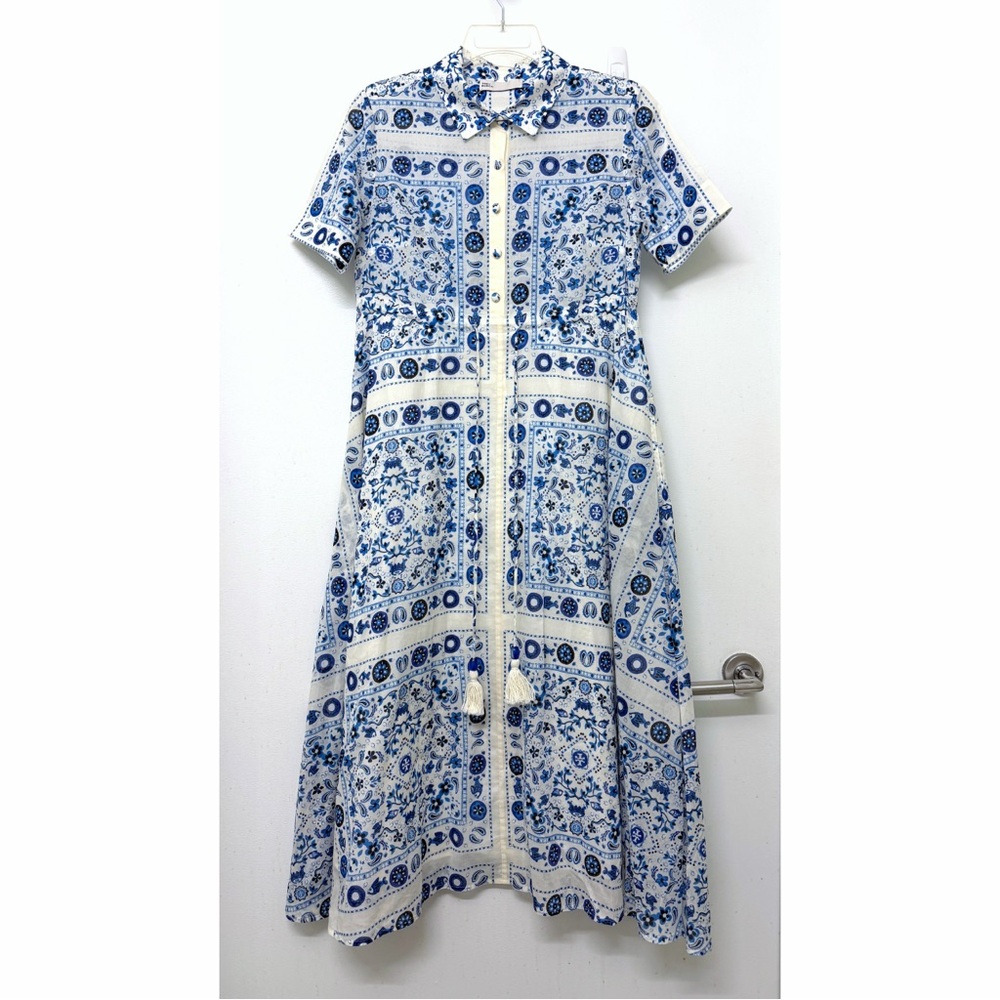 Tory Burch Pisces Dream Printed Shirt Dress Midi Blue Floral Paisley Bandana S - Picture 2 of 16